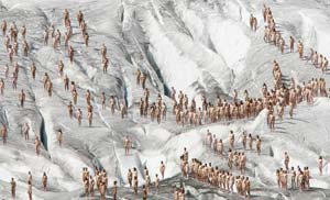 People pose naked on a glacier to raise awareness about global warming.